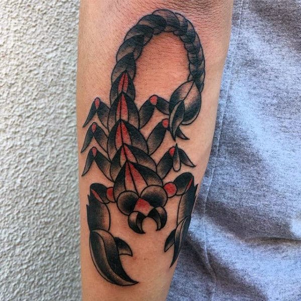 Red And Black Ink Guys Traditional Scorpion Outer Forearm Tattoo
