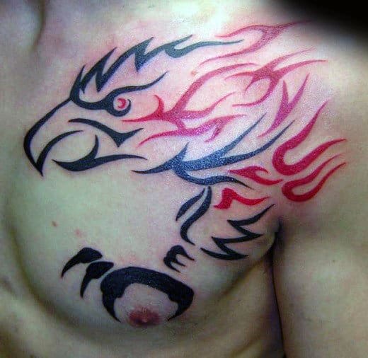 Red And Black Ink Guys Tribal Eagle Chest Tattoos