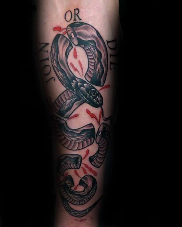 Red And Black Ink Join Or Die Snake Mens Tattoos On Forearm