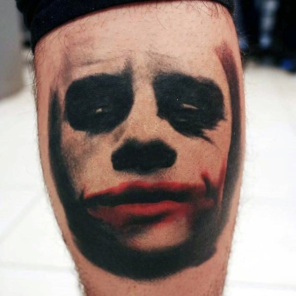 Red And Black Ink Joker Mens Leg Calf Tattoo Ideas