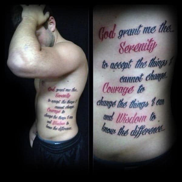 Red And Black Ink Lettering Serenity Prayer Mens Ribs Tattoos