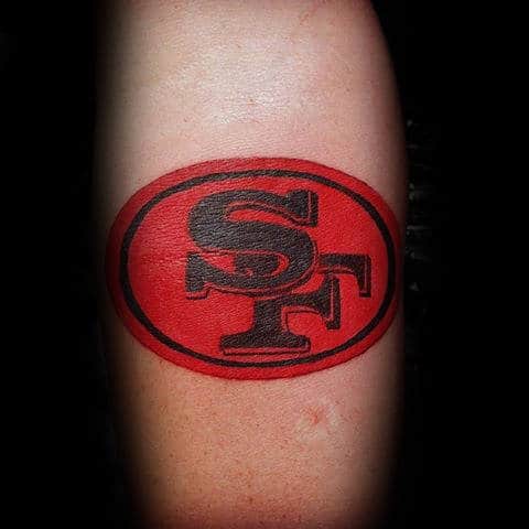 Red And Black Ink Logo San Francisco 49ers Inner Forearm Tattoos For Guys