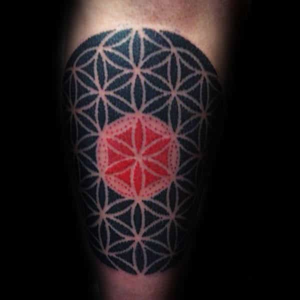Red And Black Ink Male Flower Of Life Arm Tattoo Designs