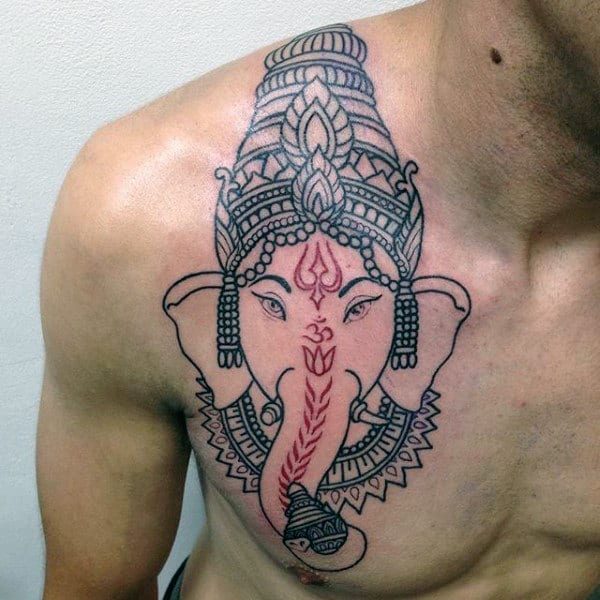Red And Black Ink Male Ganesh Shoulder And Chest Tattoos