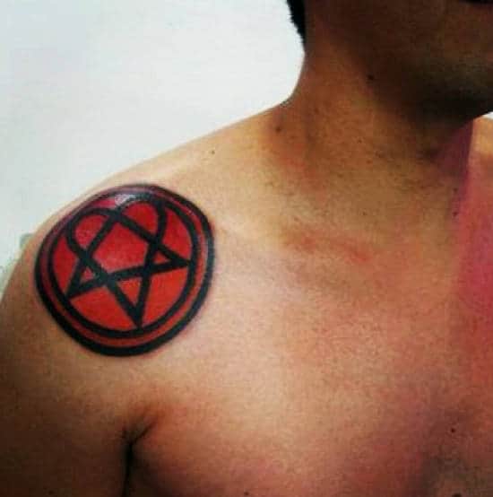 Red And Black Ink Male Heartagram Tattoos On Shoulder