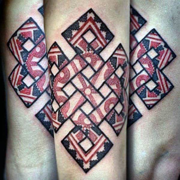 Red And Black Ink Mens Endless Knot Arm Tattoo Designs