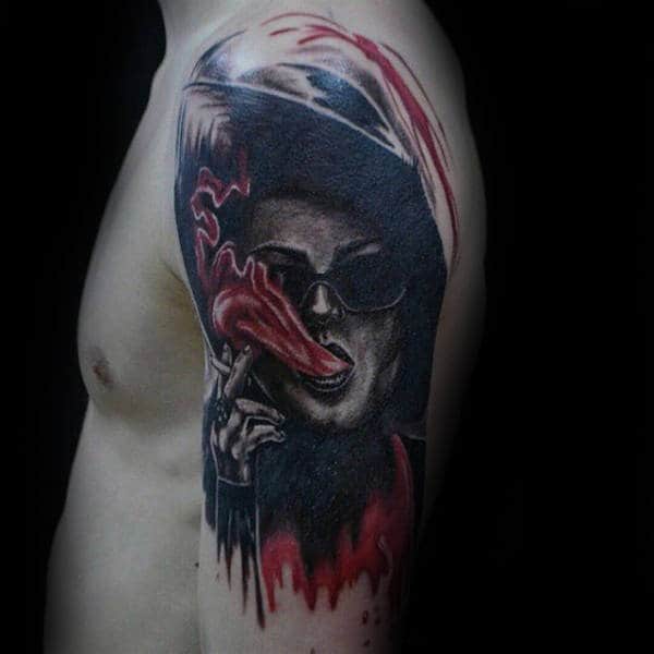 Red And Black Ink Mens Fight Club Marla Singer Watercolor Upper Arm Tattoos