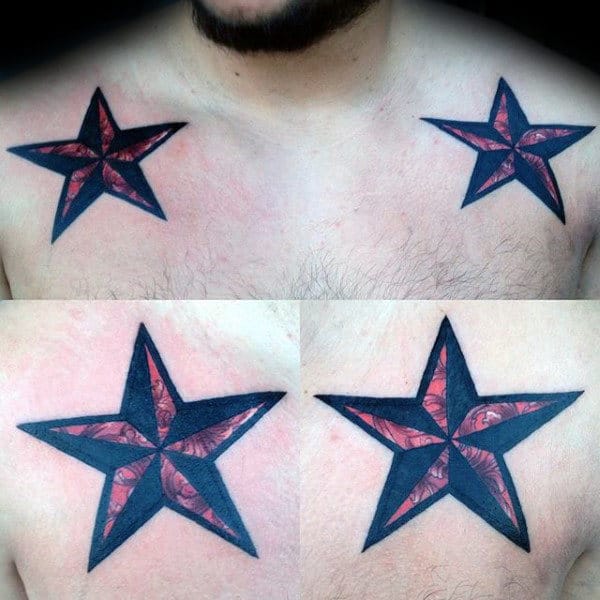 Red And Black Ink Nautical Star Male Tattoo On Upper Chest