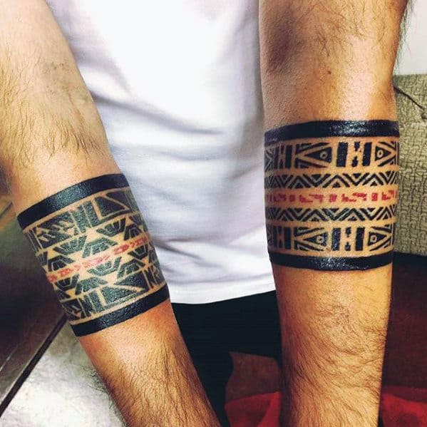 Red And Black Ink Pattern Male Armband Tribal Tattoos
