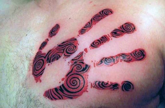 Red And Black Ink Pattern Mens Handprint Chest Tattoos