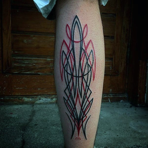 Red And Black Ink Pinstripe Male Leg Tattoos