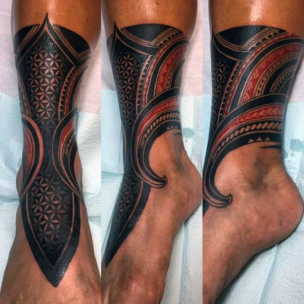 Red And Black Ink Polynesian Male Tribla Leg Tattoo Designs
