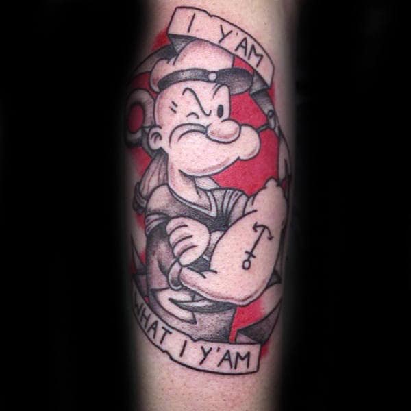 Red And Black Ink Popeye Guys Tattoos