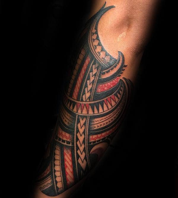 Red And Black Ink Samoan Outer Forearm Mens Tribal Tattoos
