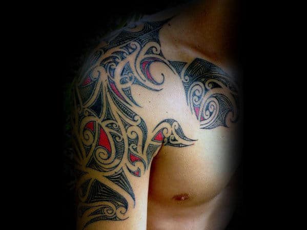 Red And Black Ink Sick Mens Tribal Arm Tattoos