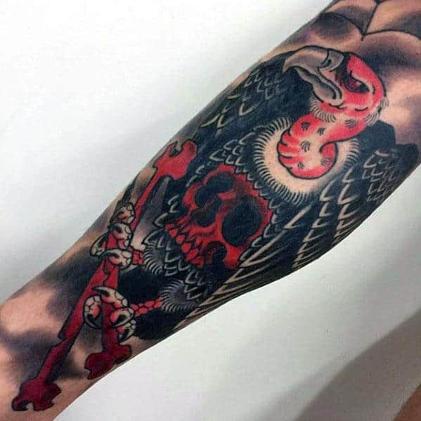 Red And Black Ink Skull With Crossbones And Vulture Guys Forearm Tattoo
