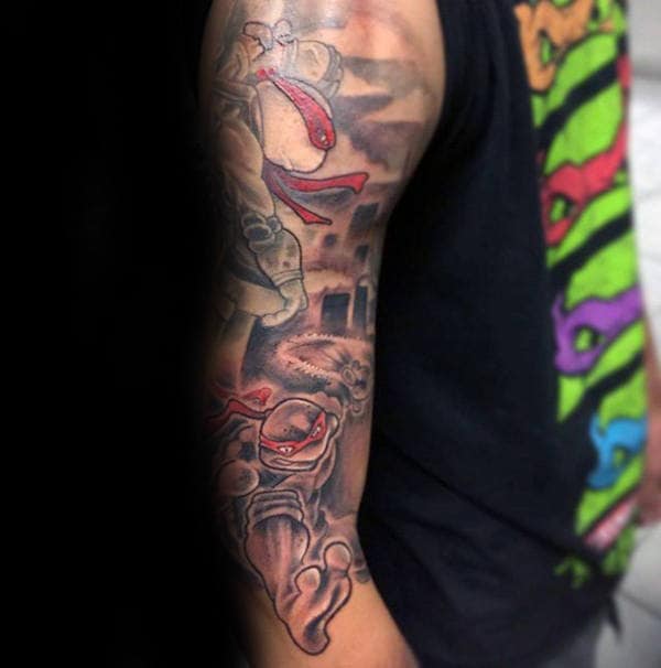 Red And Black Ink Teenage Mutant Ninja Turtle Shaded Mens Half Sleeve Tattoo