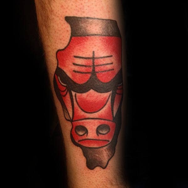 Red And Black Ink Traditional Old School Guys Chicago Bulls Tattoo