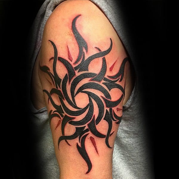 Red And Black Ink Tribal Sun Male Upper Arm Tattoos