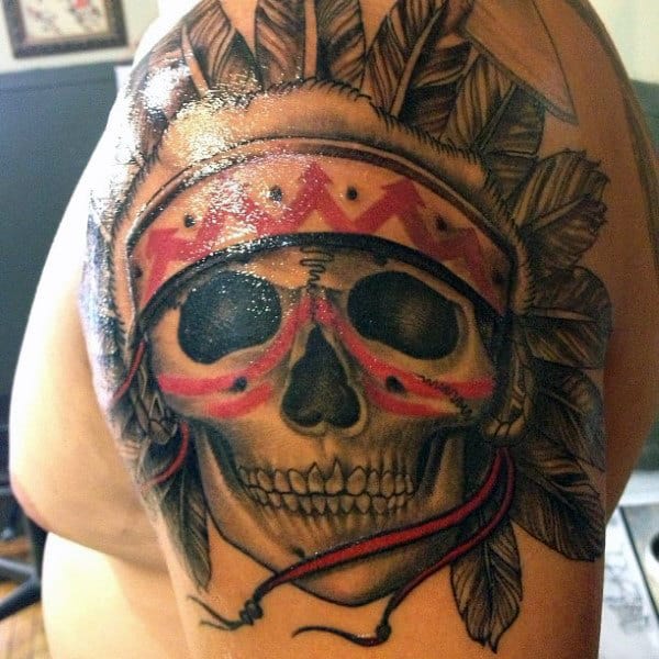 Red And Black Ink Warrior Guys Indian Skull Upper Arm Tattoo