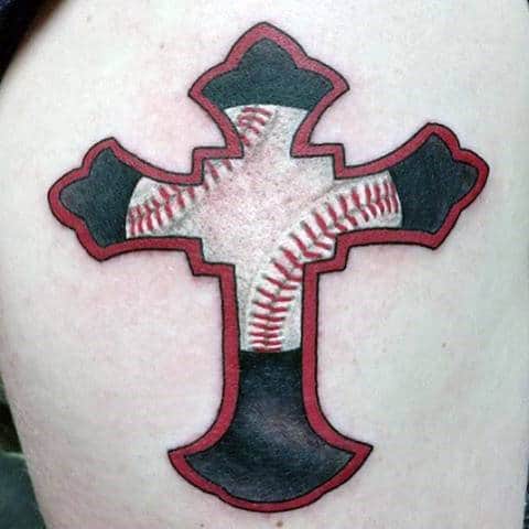 Red And Black Ink With White Baseball Cross Mens Back Tattoos