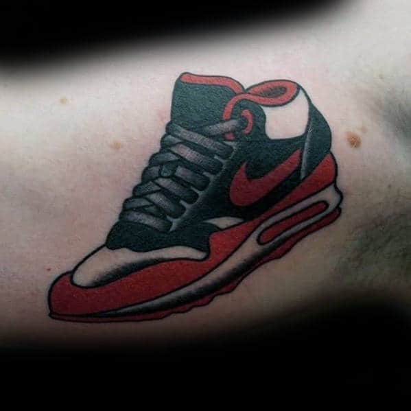 Red And Black Masculine Guys Inner Arm Bicep Sneaker Nike Tattoos
