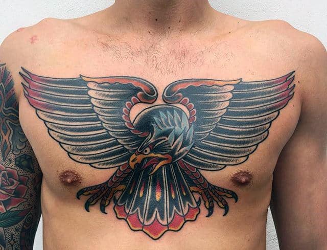 Red And Black Masculine Guys Old School Eagle Chest Tattoos
