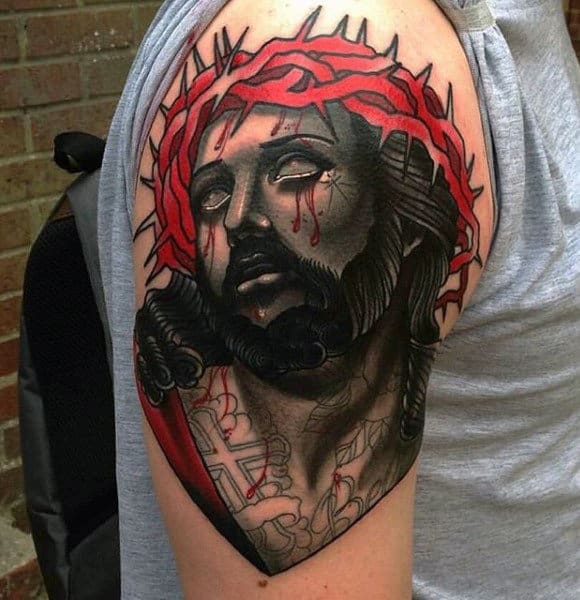 Red And Black Mens Abstact Jesus Upper Arm Tattoos
