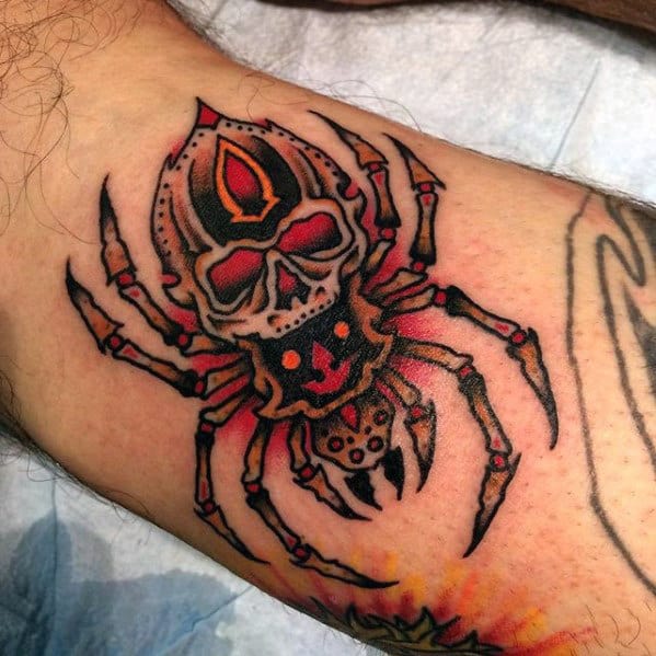 Red And Black Mens Traditional Spider Skull Tattoo On Arm