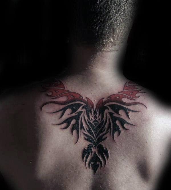 Red And Black Phoenix Upper Back And Shoulder Male Tattoos