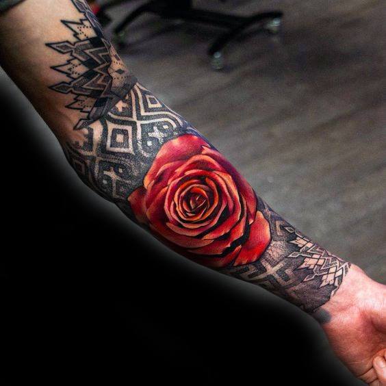 Red And Black Rose Flower Guys Tattoo Designs Forearm Sleeve