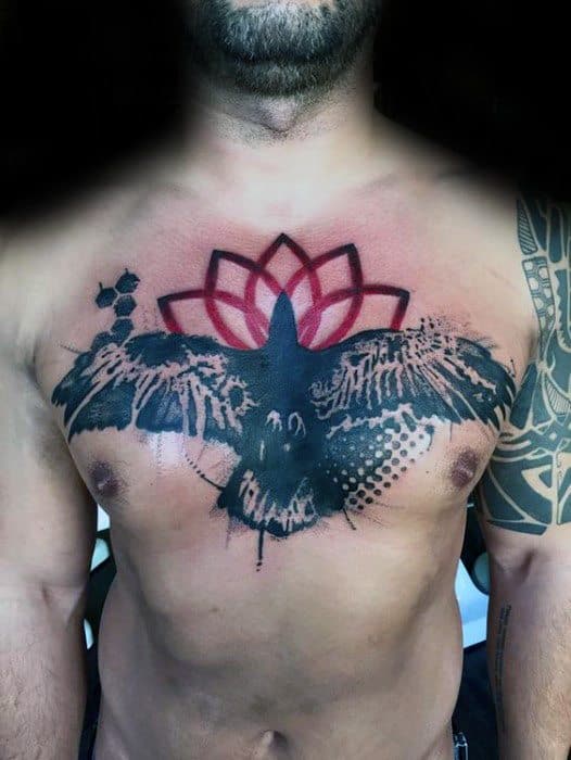 Red And Black Tattoo Design On Man