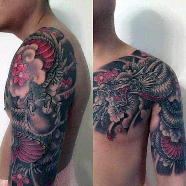 Red and black traditional Japanese dragon men's half-sleeve and chest tattoo