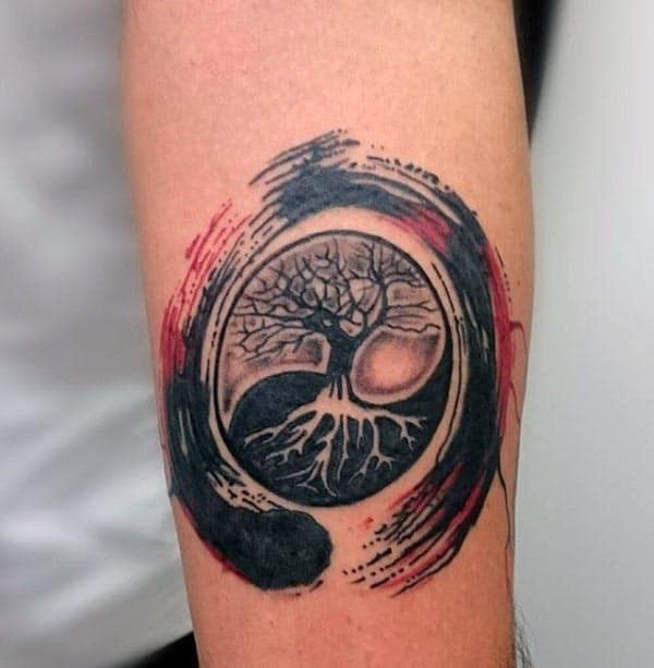 Red And Black Tree Of Life Watercolor Mens Inner Forearm Tattos