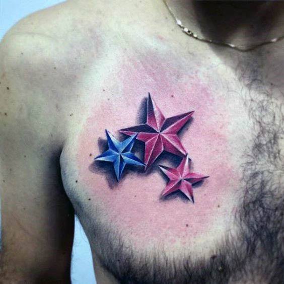 3D chest tattoo with three stars in red and blue, featuring sharp shading and depth to create a realistic, raised effect on the skin.