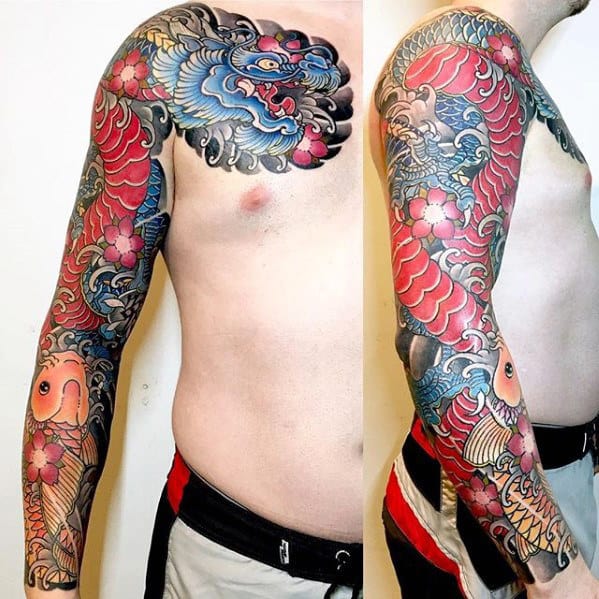 Red And Blue Dragon Mens Japanese Arm Sleeve Tattoos
