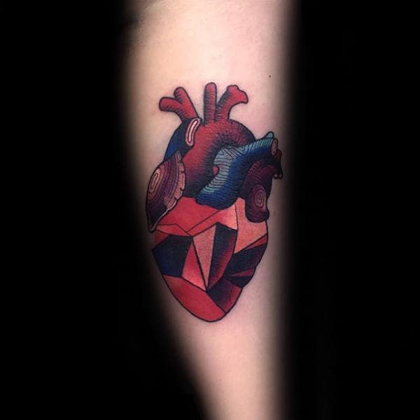 Red And Blue Ink Geometric Heart Guys Tattoos