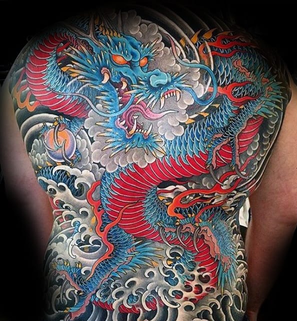 Red And Blue Japanese Dragon Male Full Back Tattoos