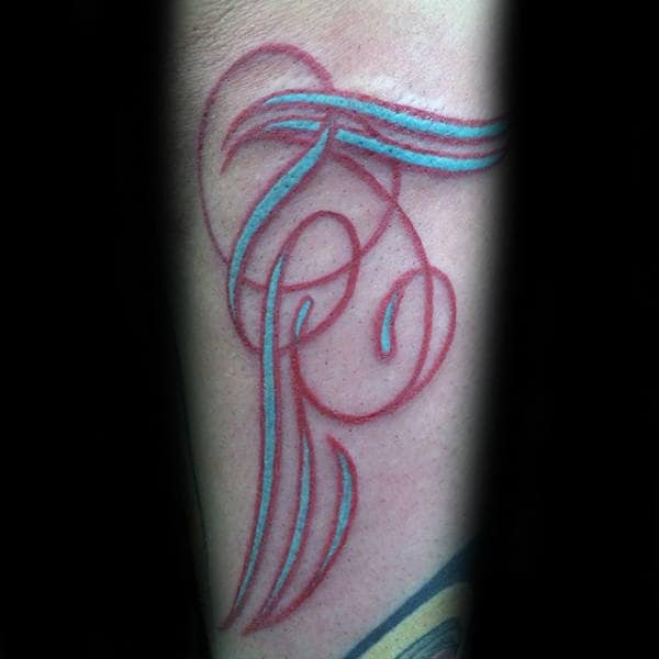 Red And Blue Letters Pinstripe Guys Forearm Tattoo