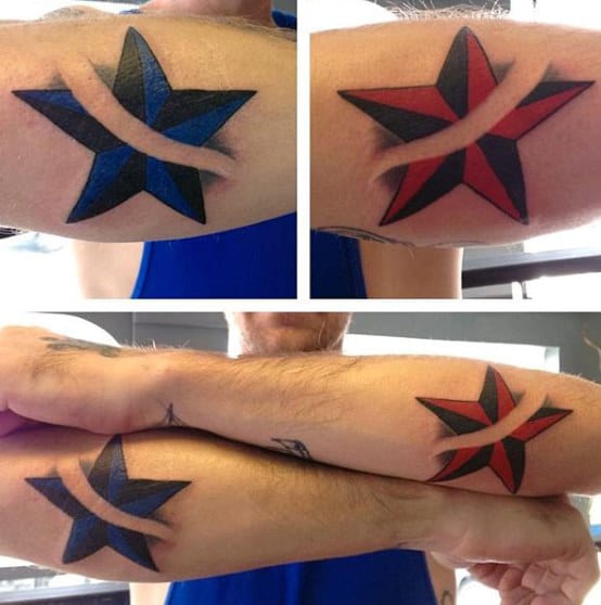 Red And Blue Nautical Star Mens Tattoos On Forearm
