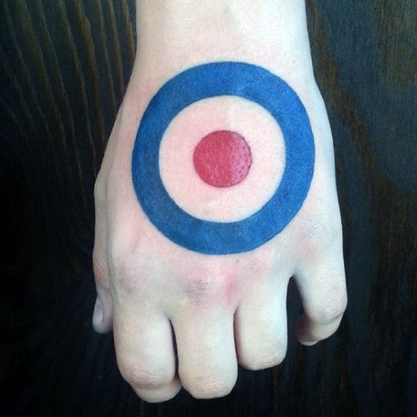 Red And Blue Target Circle Hand Tattoo For Men