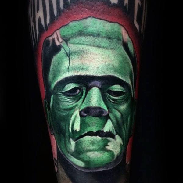 Red And Green Ink Guys Frankenstein Sleeve Tattoo