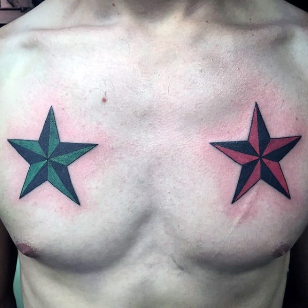 Red And Green Nautical Stars Tattoos For Men On Upper Chest