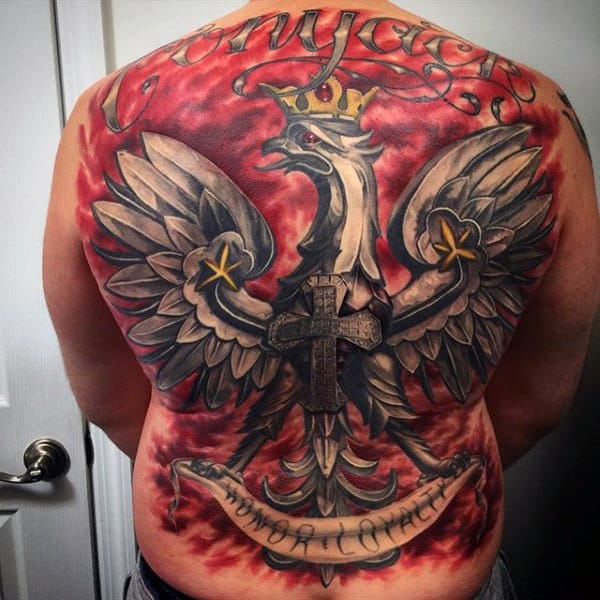 Red And Grey Ink Mens Full Back Polish Eagle Tattoo Design Ideas
