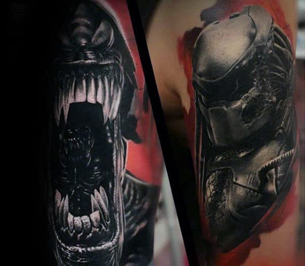Red And Grey Ink Shaded Predator Male Arm Tattoos