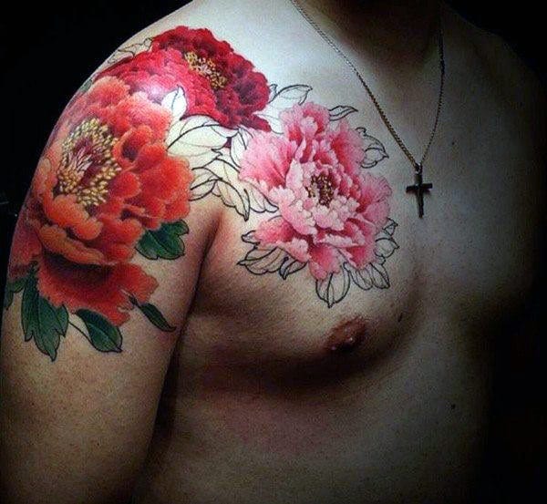 Red And Pink Peony Chest And Arm Tattoos For Men