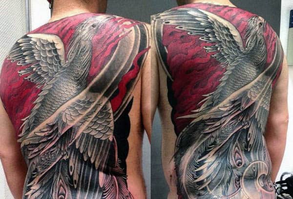 Red And Shaded Ink Mens Full Back Phoenix Tattoos
