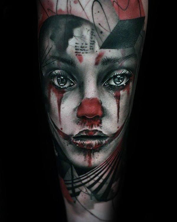 Red And White Ink Female Clown Portrait Guys Forearm Sleeve Tattoos