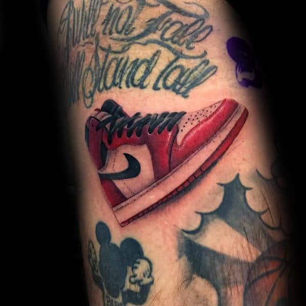 Red And White Ink Guys Nike Shoe Arm Tattoo Ideas