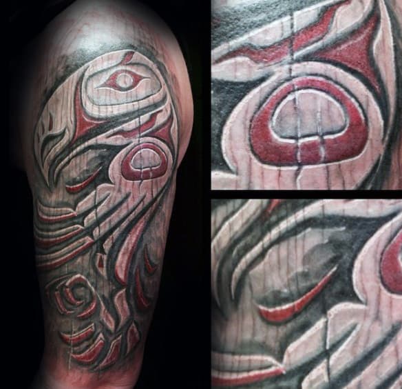 Red And White Ink Mens Shaded Wood Carving Haida Tattoos Half Sleeve